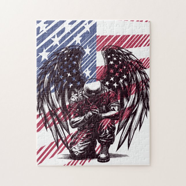 Quebra-cabeça Soldier Angel Praying American Flag Art (Vertical)