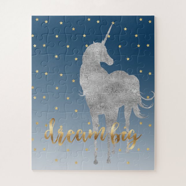 Quebra-cabeça Sonho Estrelas Unicórnio Azul Dourado (Vertical)