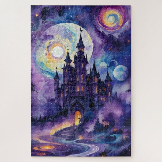 Quebra-cabeça Sonhos Galáxicos: Castelo Místico no Céu Roxo (Vertical)