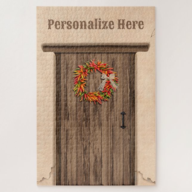 Quebra-cabeça Southwest Chile Ristra Wreath Weathered Wood Door (Vertical)