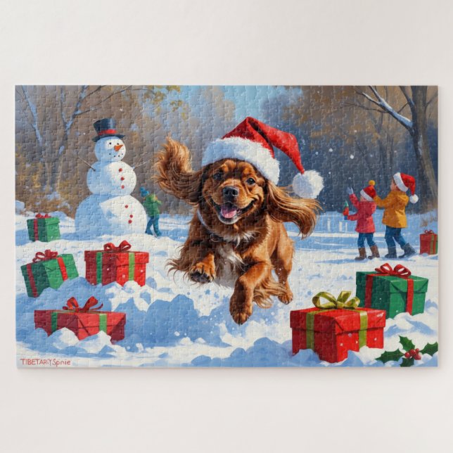 Quebra-cabeça Spaniel Tibetano Correndo na Neve com Chapéu de Na (Horizontal)