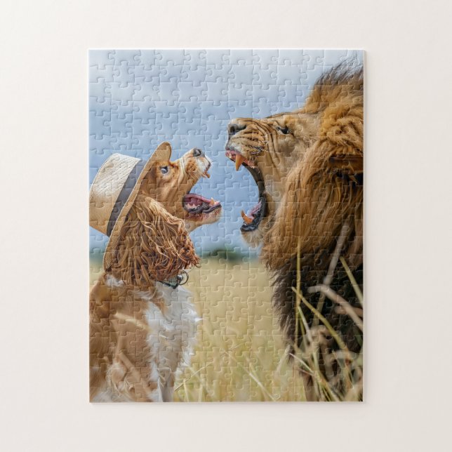Quebra-cabeça Spaniel vs Lion In Savanna (Vertical)