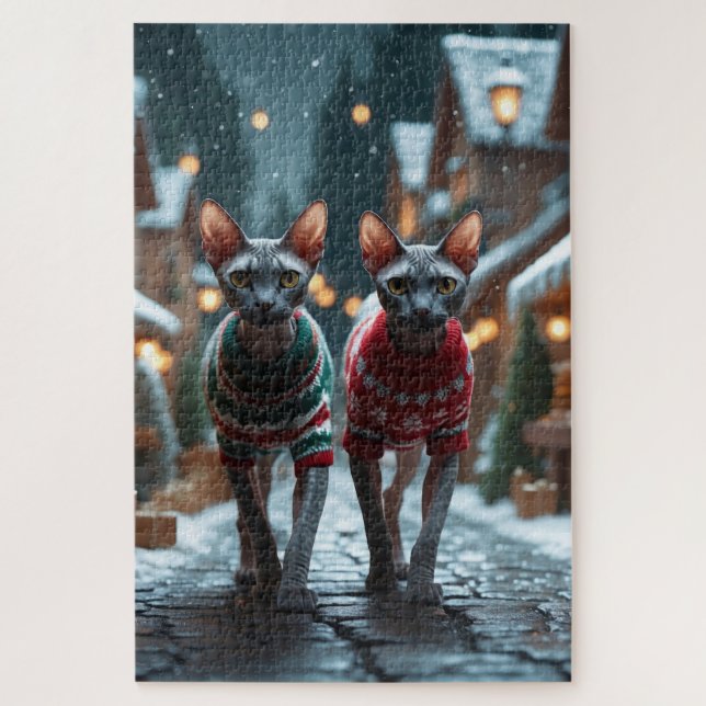 Quebra-cabeça Sphynx Cats Christmas Snow Holiday (Vertical)