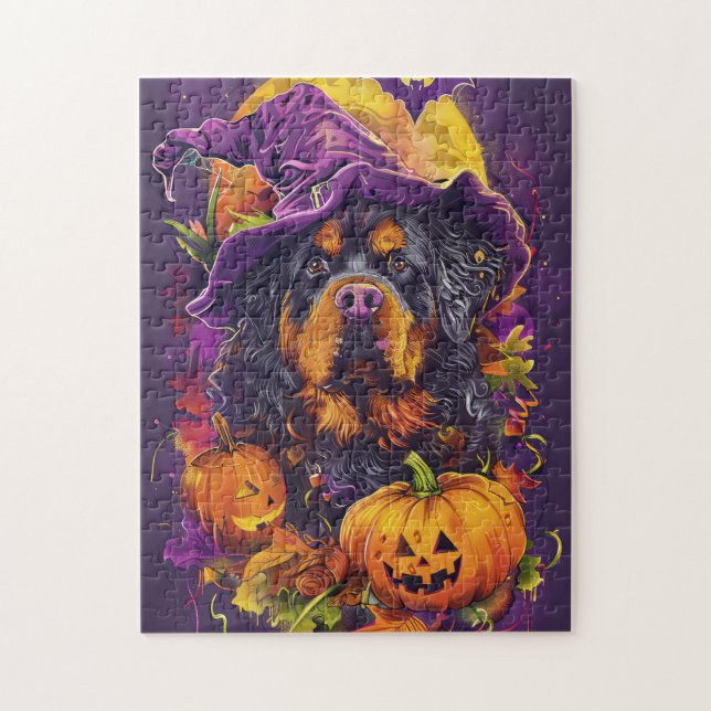 Quebra-cabeça Spookan Tibetan Mastiff Dog Halloween Witch Pumpki (Vertical)
