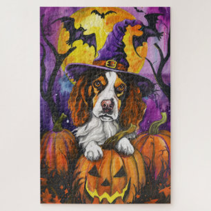 Quebra-cabeça Spooky Brittany Spaniel Halloween Witch Pumpkin