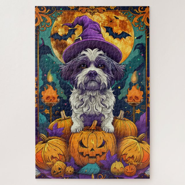 Quebra-cabeça Spooky Shih Tzu Dog Halloween Bruxelles E Pumpkin (Vertical)