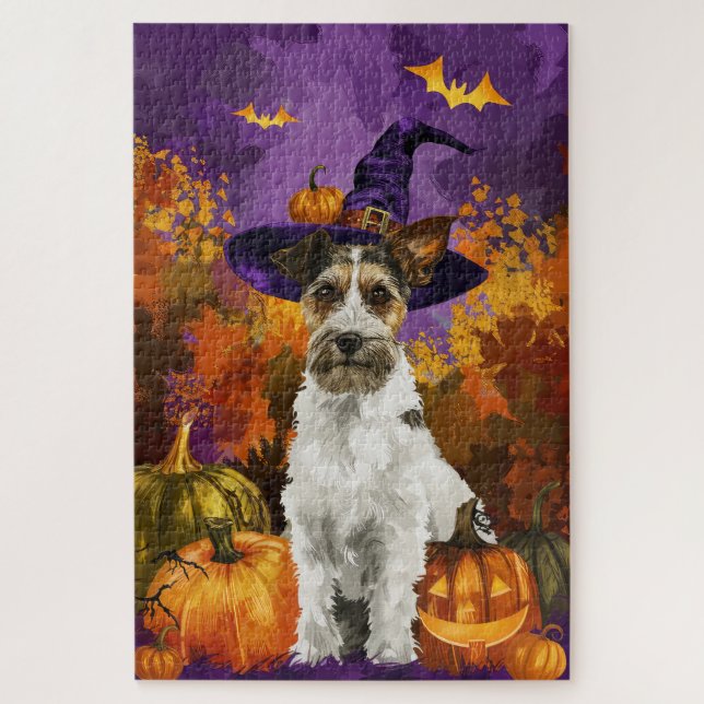 Quebra-cabeça Spooky Wirefox Terrier Dog Halloween Witch Pumpkin (Vertical)