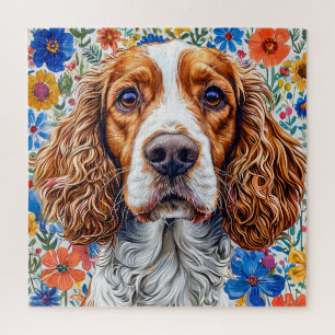Quebra-cabeça Springer Spaniel com Fundo Floral Colorido
