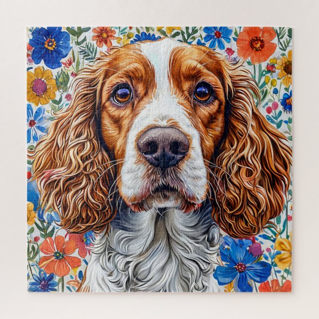 Quebra-cabeça Springer Spaniel com Fundo Floral Colorido (Vertical)