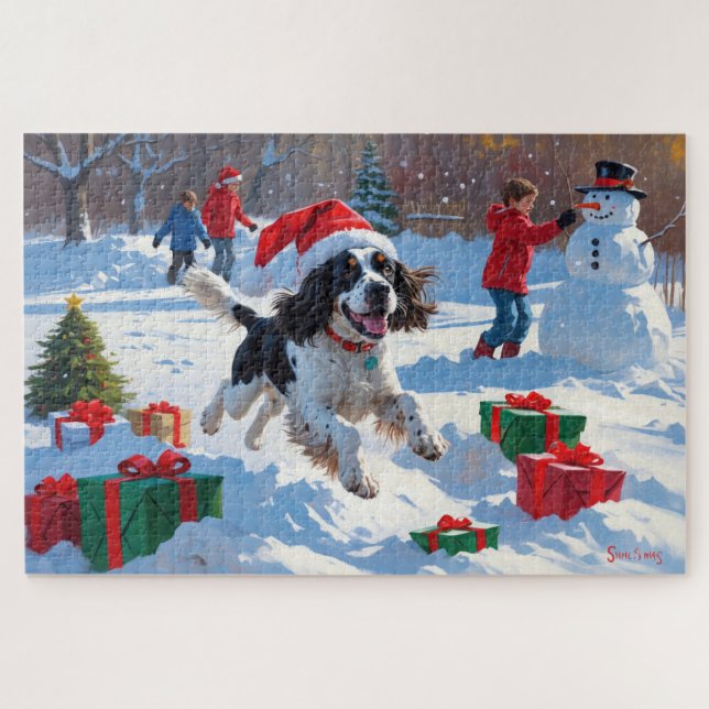 Quebra-cabeça Springer Spaniel Correndo Neve com Chapéu de Natal (Horizontal)