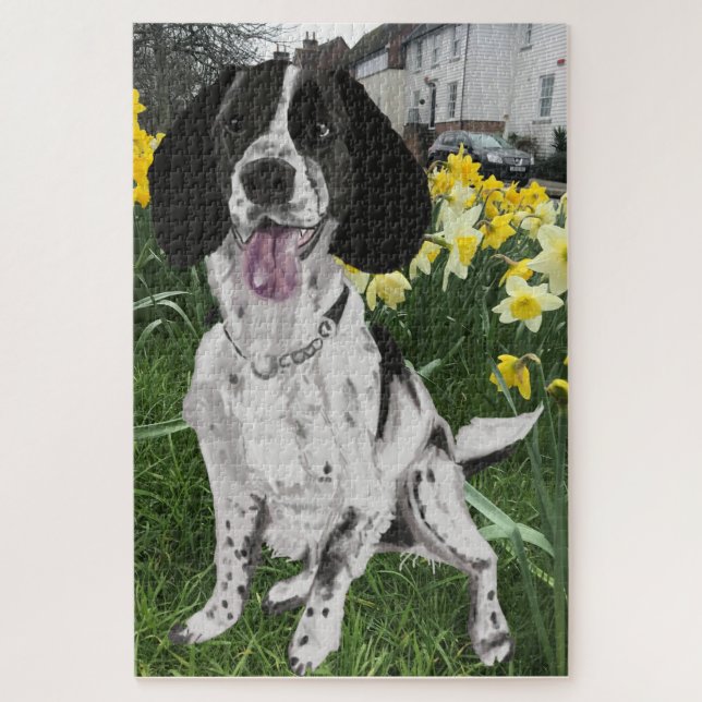 Quebra-cabeça Springer Spaniel Preto e Branco Contra Daffodils (Vertical)
