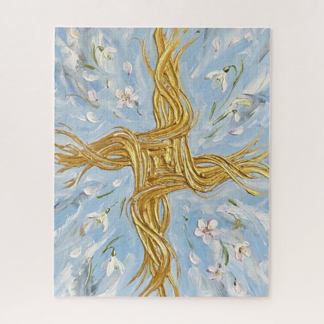 Quebra-cabeça St Brigid's Cross Snowdrops Golden Imbolc Art (Vertical)