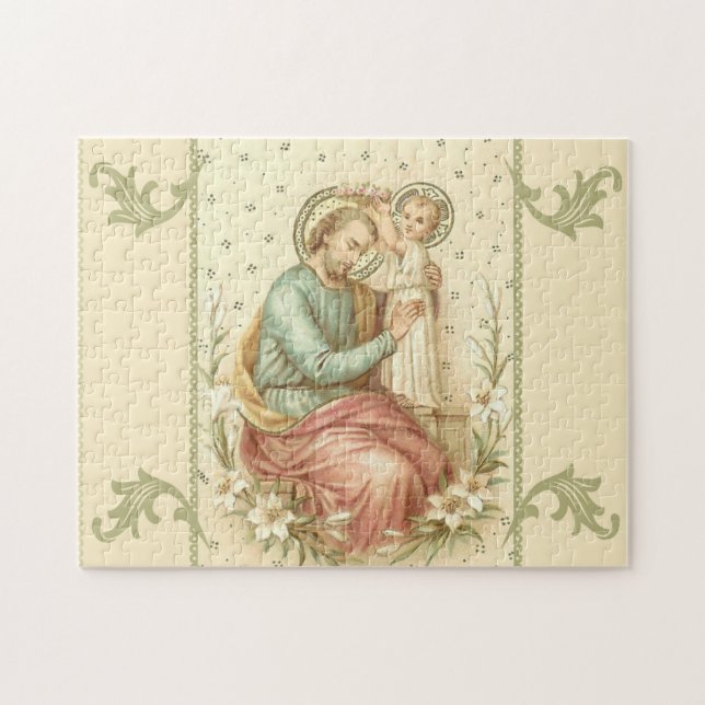 Quebra-cabeça St Joseph com os lírios de Jesus do bebê (Horizontal)