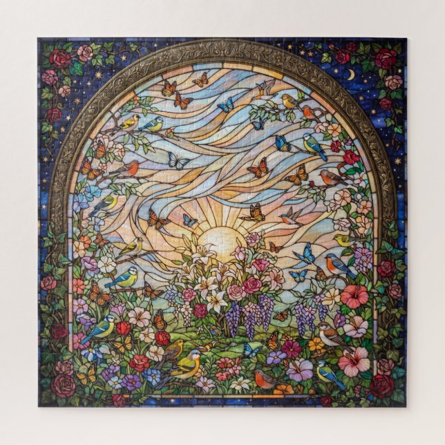 Quebra-cabeça Stained Glass Butterfly Garden Jigsaw Puzzle  (Vertical)