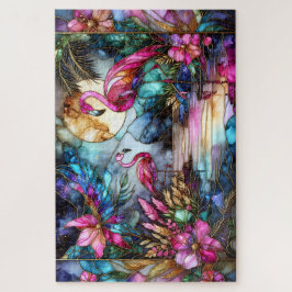 Quebra-cabeça Stained Glass Flamingo Moon Garden