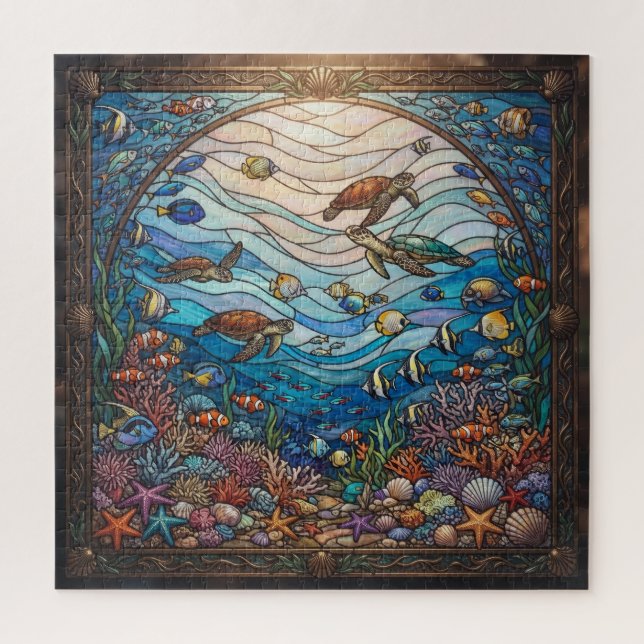 Quebra-cabeça Stained Glass Ocean Sea Turtles Jigsaw Puzzle - Oc (Vertical)