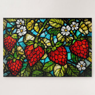 Quebra-cabeça Stained Glass Strawberries, Leaves and Flowers 