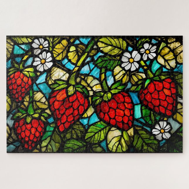 Quebra-cabeça Stained Glass Strawberries, Leaves and Flowers  (Horizontal)