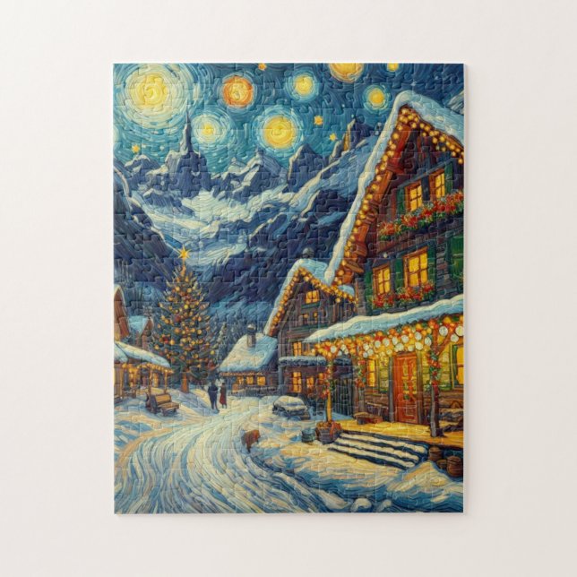 Quebra-cabeça Starry Night Mountain Village Natal (Vertical)
