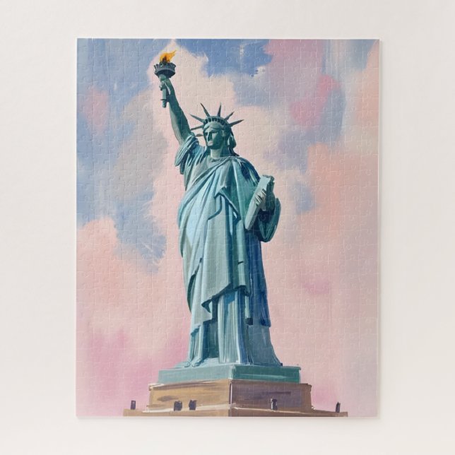 Quebra-cabeça Statue of Liberty Pastel Sunset NYC Watercolor (Vertical)