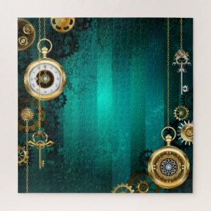Quebra-cabeça Steampunk Jewelry Watch em um fundo verde