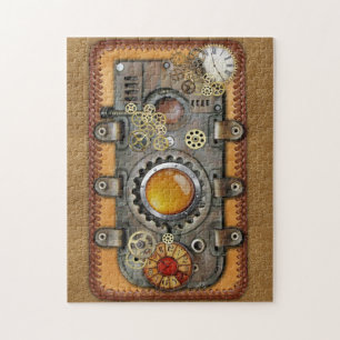 Quebra-cabeça Steampunk na parede de couro
