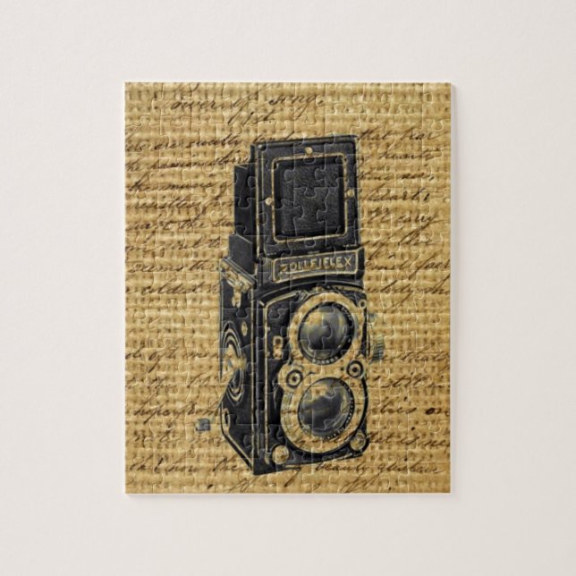 Quebra-cabeça steampunk vintage scripts burlap antiga câmera (Vertical)