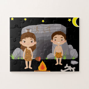 Quebra-cabeça Stone Age Caveman Crianças Sob Céu Noturno
