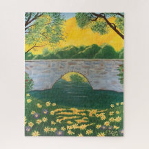 Stone Bridge Lake Flowers Yellow Sky Painting