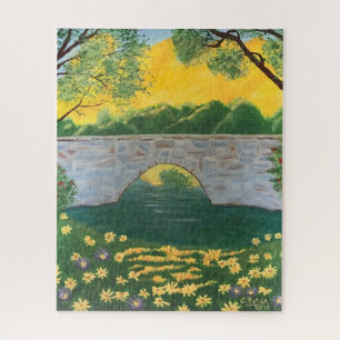 Quebra-cabeça Stone Bridge Lake Flowers Yellow Sky Painting