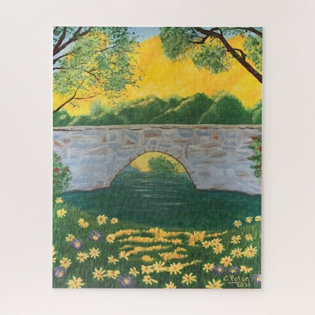 Quebra-cabeça Stone Bridge Lake Flowers Yellow Sky Painting (Vertical)