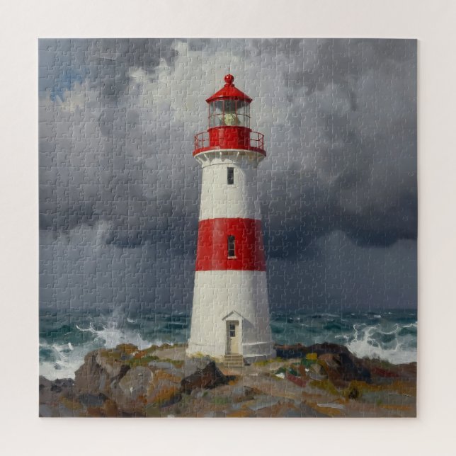 Quebra-cabeça Stormy Red Lighthouse Coastal  (Vertical)