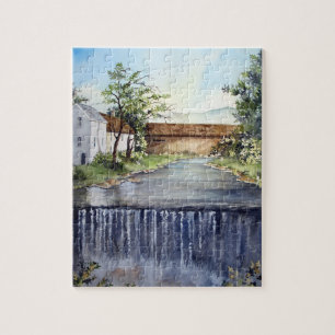 Quebra-cabeça Stream New England Landscape Watercolor Painting