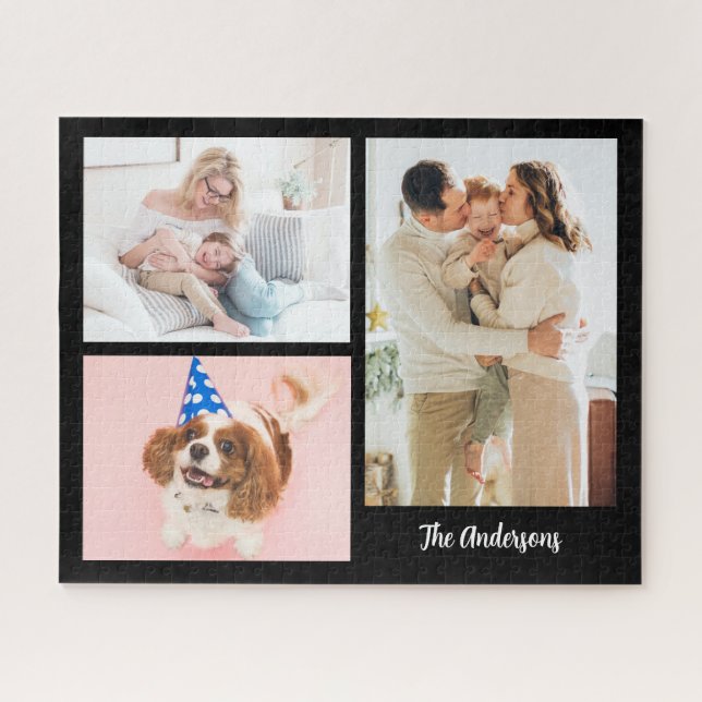 Quebra-cabeça Suas 3 famílias de fotos e nome em preto (Horizontal)