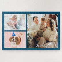 Suas 3 Fotos de Família & Nome do Script em Azul O