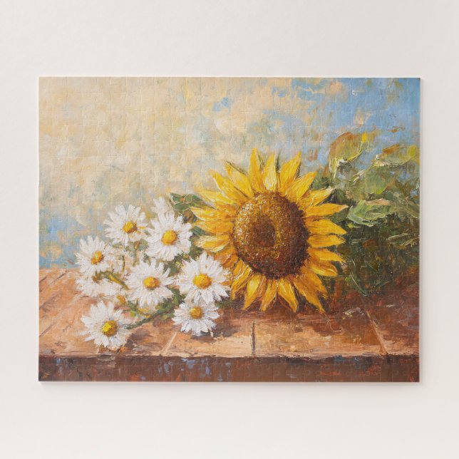 Quebra-cabeça Sunflowers and Daisies on Rustic Table (Horizontal)