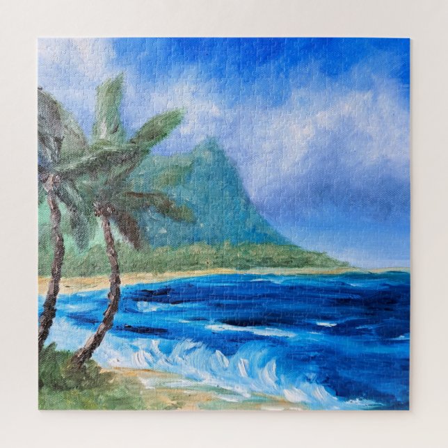 Quebra-cabeça Sunny Hawaii Beach Painting Tropical Paradise Palm (Vertical)