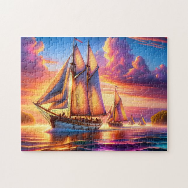 Quebra-cabeça Sunrise Sailboats at Sea Nautical Regatta (Horizontal)