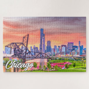 Quebra-cabeça Sunset Over Chicago, Illinois, Estados Unidos