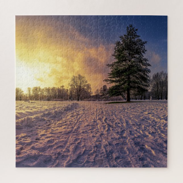Quebra-cabeça Sunset sobre o parque de inverno de neve (Vertical)