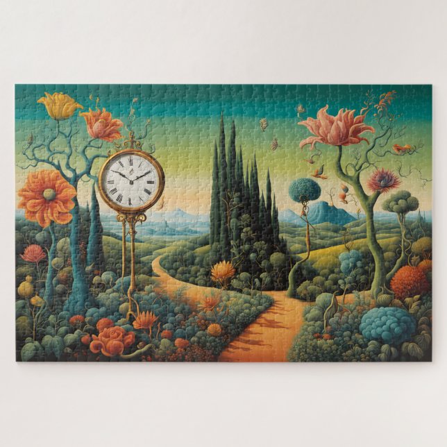 Quebra-cabeça Surreal Landscape with Clock and Cypress Trees (Horizontal)
