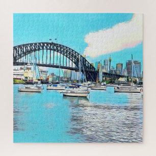 Quebra-cabeça Sydney Harbor Bridge Blue sky com iates