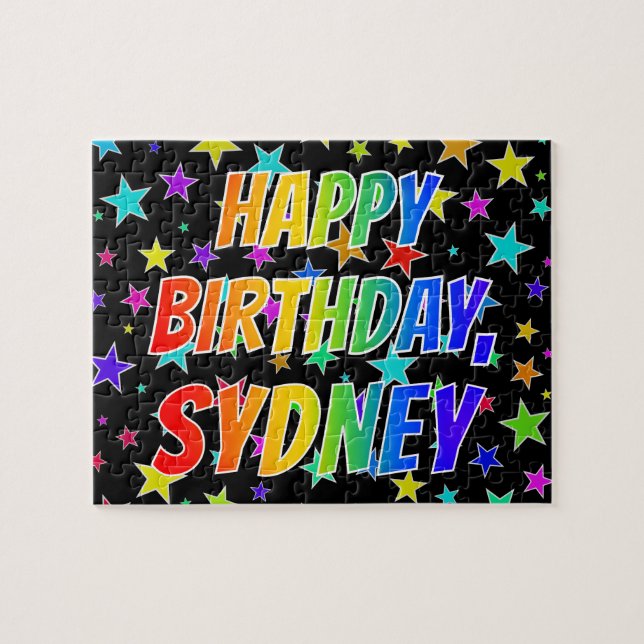 Quebra-cabeça "SYDNEY" Primeiro Nome, Diversão "FELIZ ANIVERSÁRI (Horizontal)