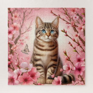 Quebra-cabeça Tabby Cat Japonês Cherry Blossom Flower Kitten