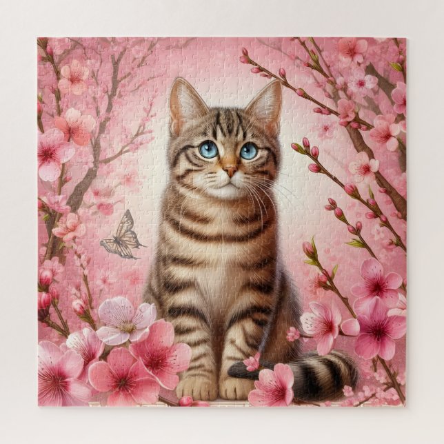 Quebra-cabeça Tabby Cat Japonês Cherry Blossom Flower Kitten (Vertical)