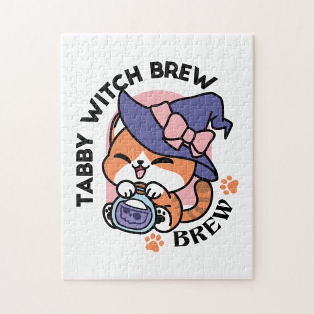 Quebra-cabeça Tabby Witch Brew – Design de Gato Fofo de Hallowee (Vertical)
