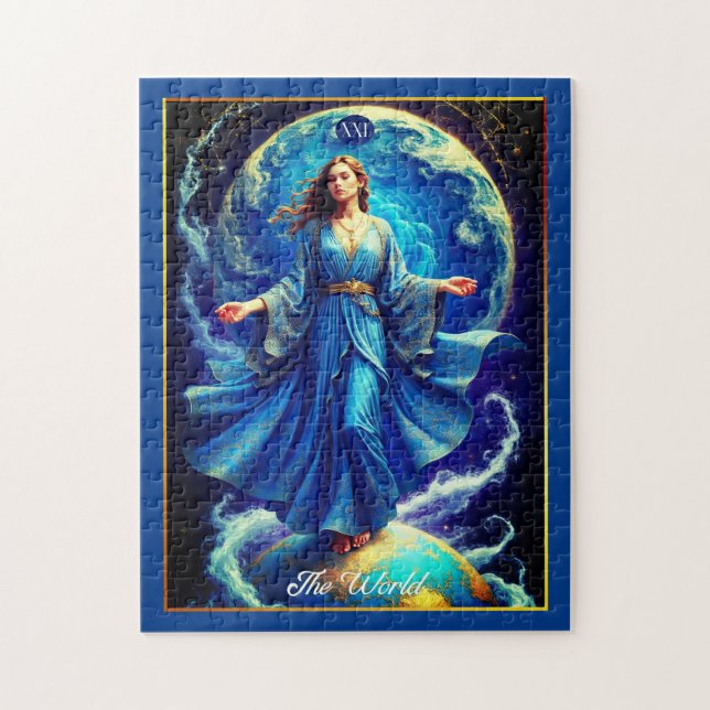 Quebra-cabeça Tarot Card, o mundo, em Azul Profundo (Vertical)
