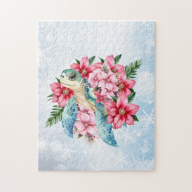 Quebra-cabeça Tartaruga Floral de Natal Rosa Quimada (Vertical)