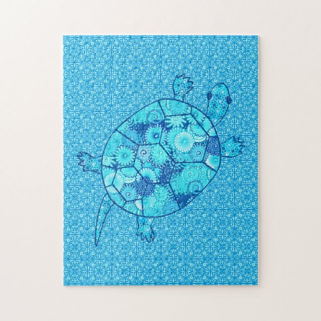 Quebra-cabeça Tartaruga Fractal Cobalto e Turquesa Azul (Vertical)