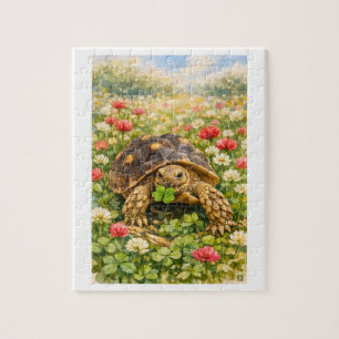 Quebra-cabeça Tartaruga Sulcata em aquarela com trevo da sorte